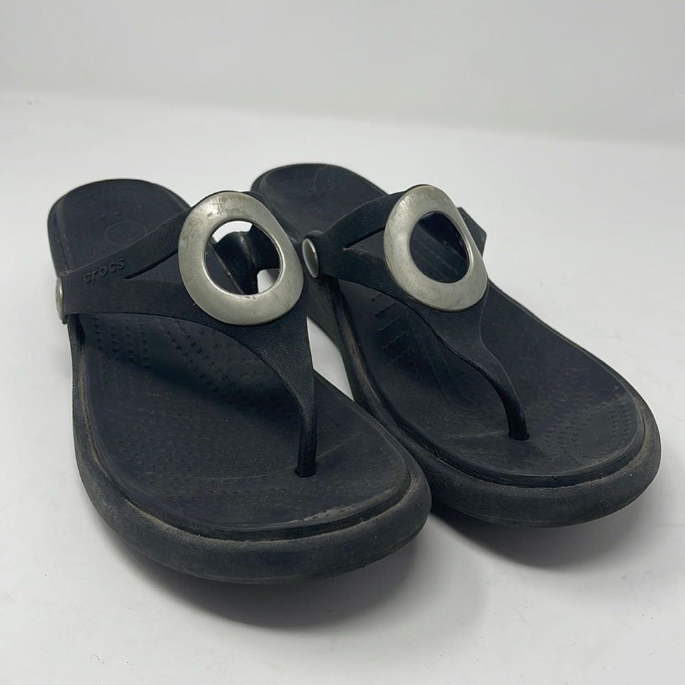 CROCS Black Women's Thong Sandals with Silver Accent